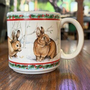 Dakin 1988 Brown Rabbits Winter Scene Easter Coffee Cup Mug